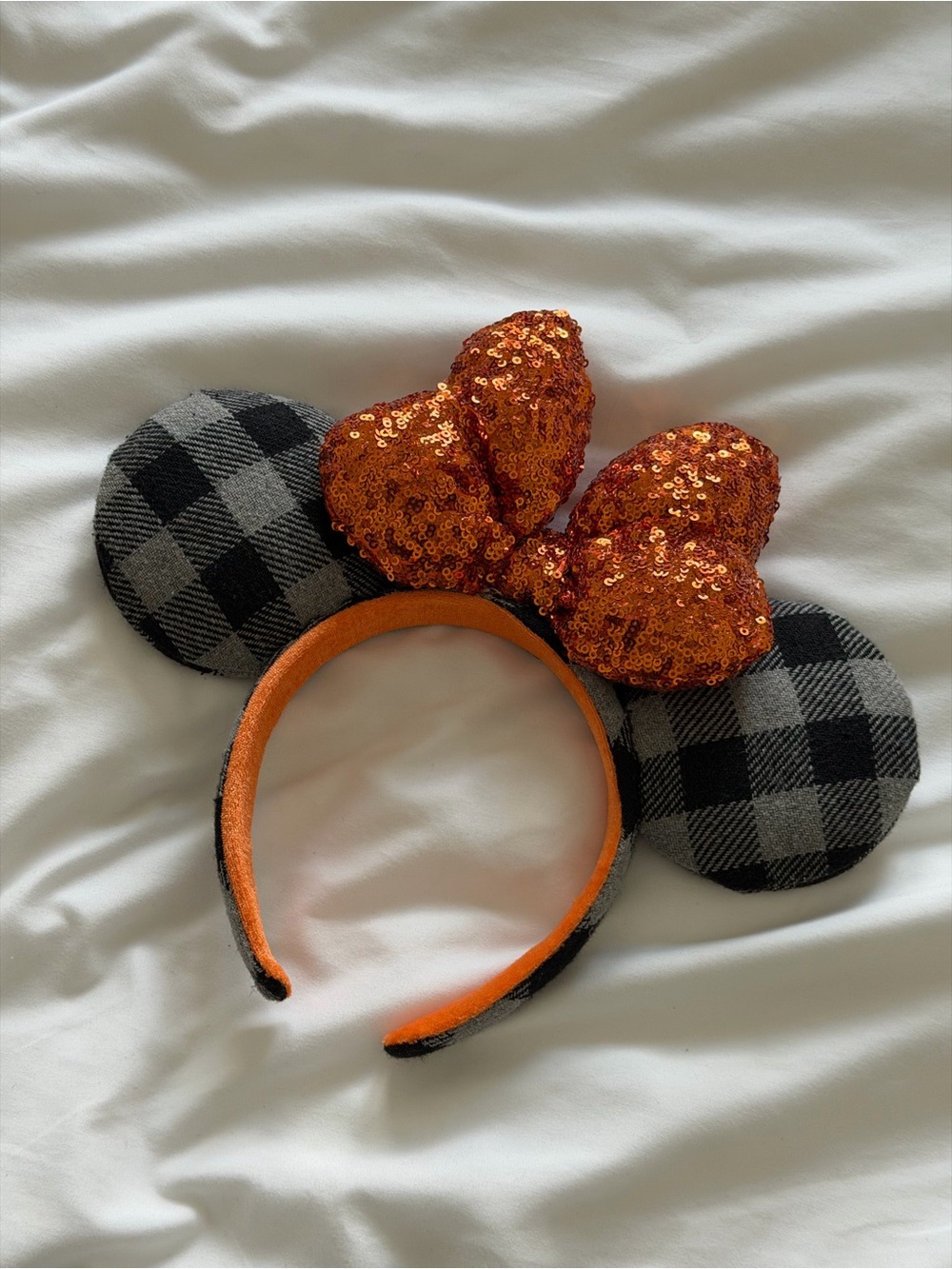 Disney Black & Gray Plaid Minnie Ears with Orange Sequin Bow